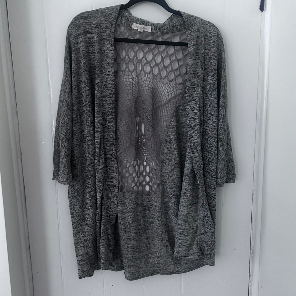 Painted Threads Grey Space Dye Crochet Lace Back Open Cardigan Large boho chic